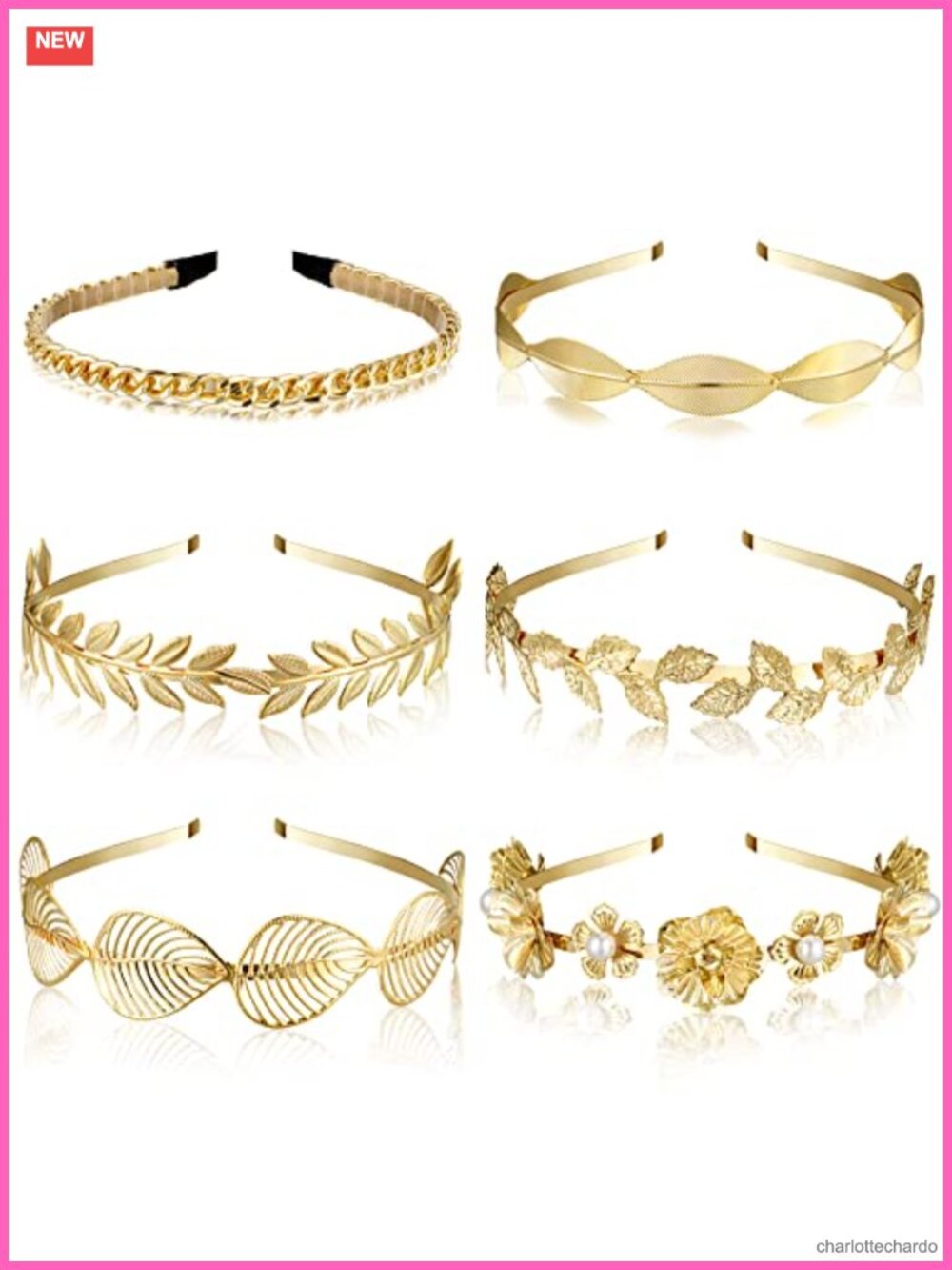 6 Pc Metal Faux Pearl Leaf Headbands Set Greek Style Women Hair Accessories